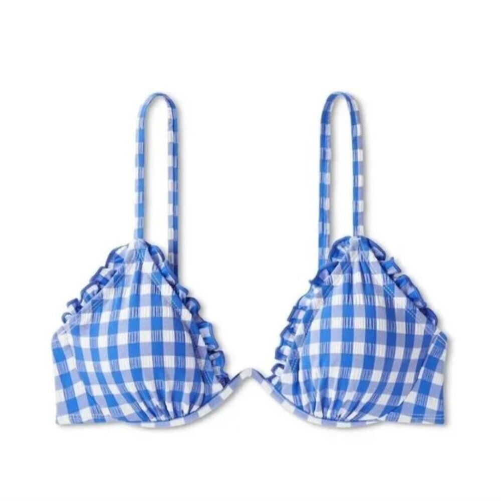 NWOT Blue Gingham triangle bikini top XS